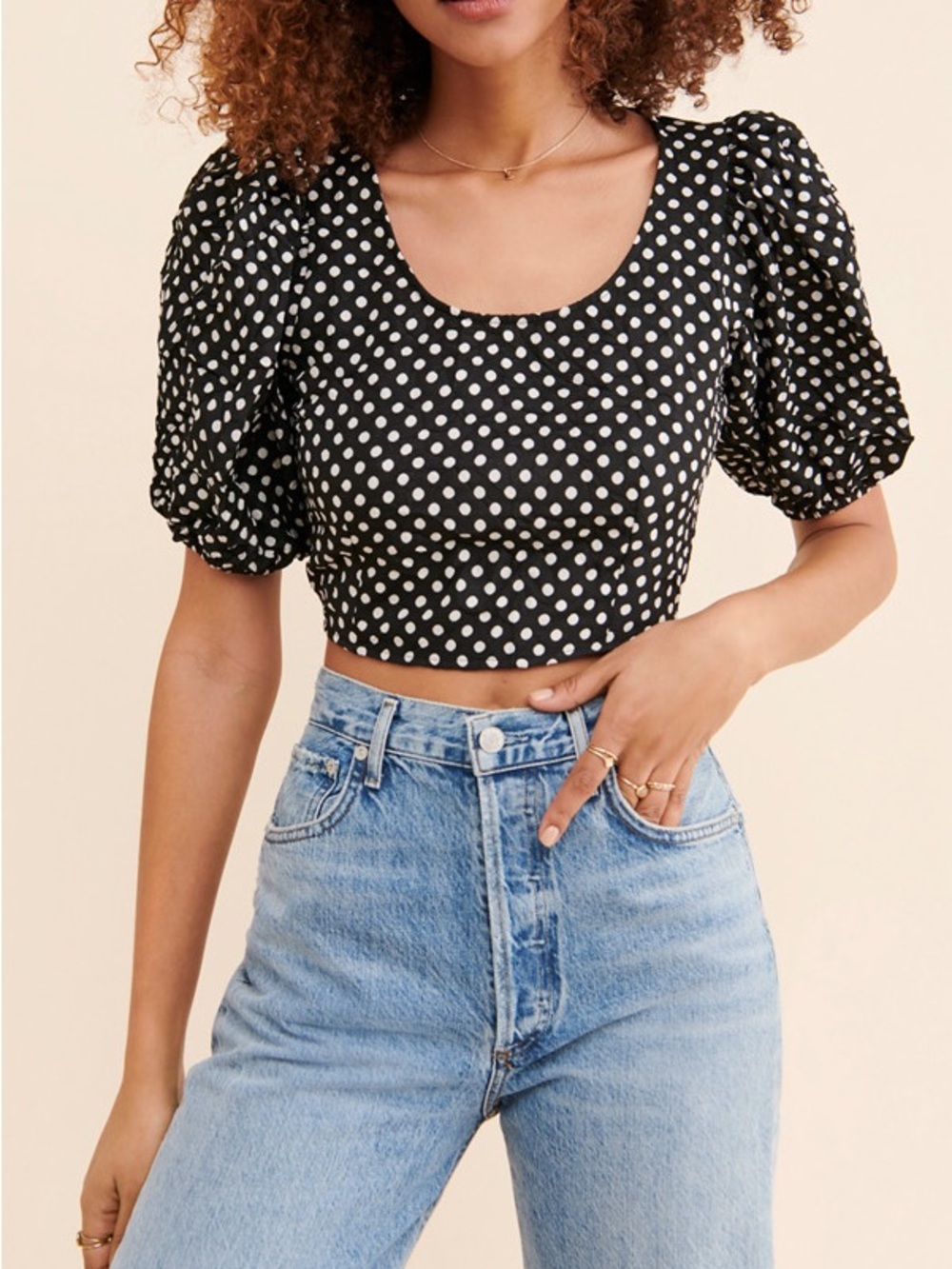 Free People Black and White Polka Dot Puff Sleeve Crop Top